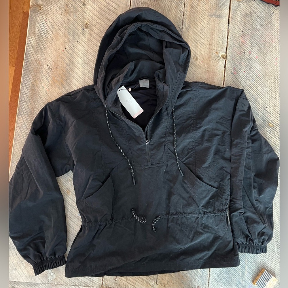 Calia Anorak Windbreaker Women M Black 1/4 Zip Hooded Drawstring Waist Jacket